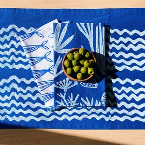 hand block printed table runner. waves on royal blue. boho decor. beach house. coastal. linen tablecloth. ocean. shore.