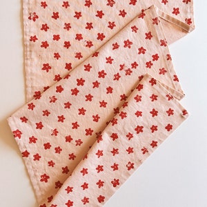 hand block printed table runner. red mini floral on blush pink. boho decor. linen tablecloth. birthday or dinner party decor.