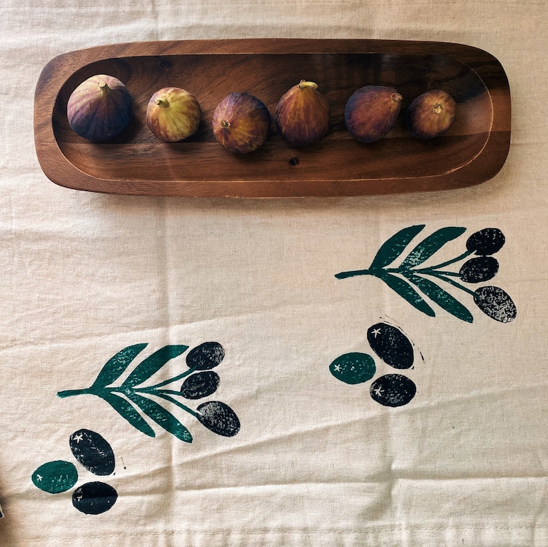 hand block printed linen table runner. olive toss. organic eco-friendly. boho decor. tablecloth. modern. thanksgiving / fall image 3