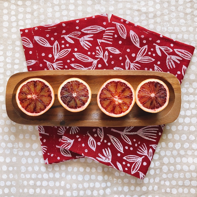 berry toss. block printed linen napkins / placemats / tea towels. set of four. boho floral design. spring tabletop napkins. image 1