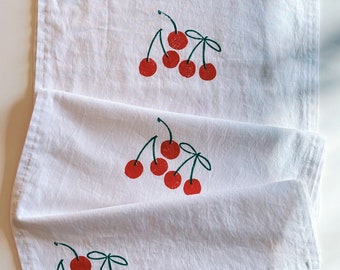 hand block printed table runner. red cherry on white. boho decor. linen tablecloth. birthday or dinner party decor.