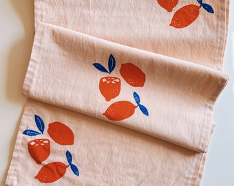 hand block printed table runner. oranges on blush pink. boho decor. linen tablecloth. birthday or dinner party decor.