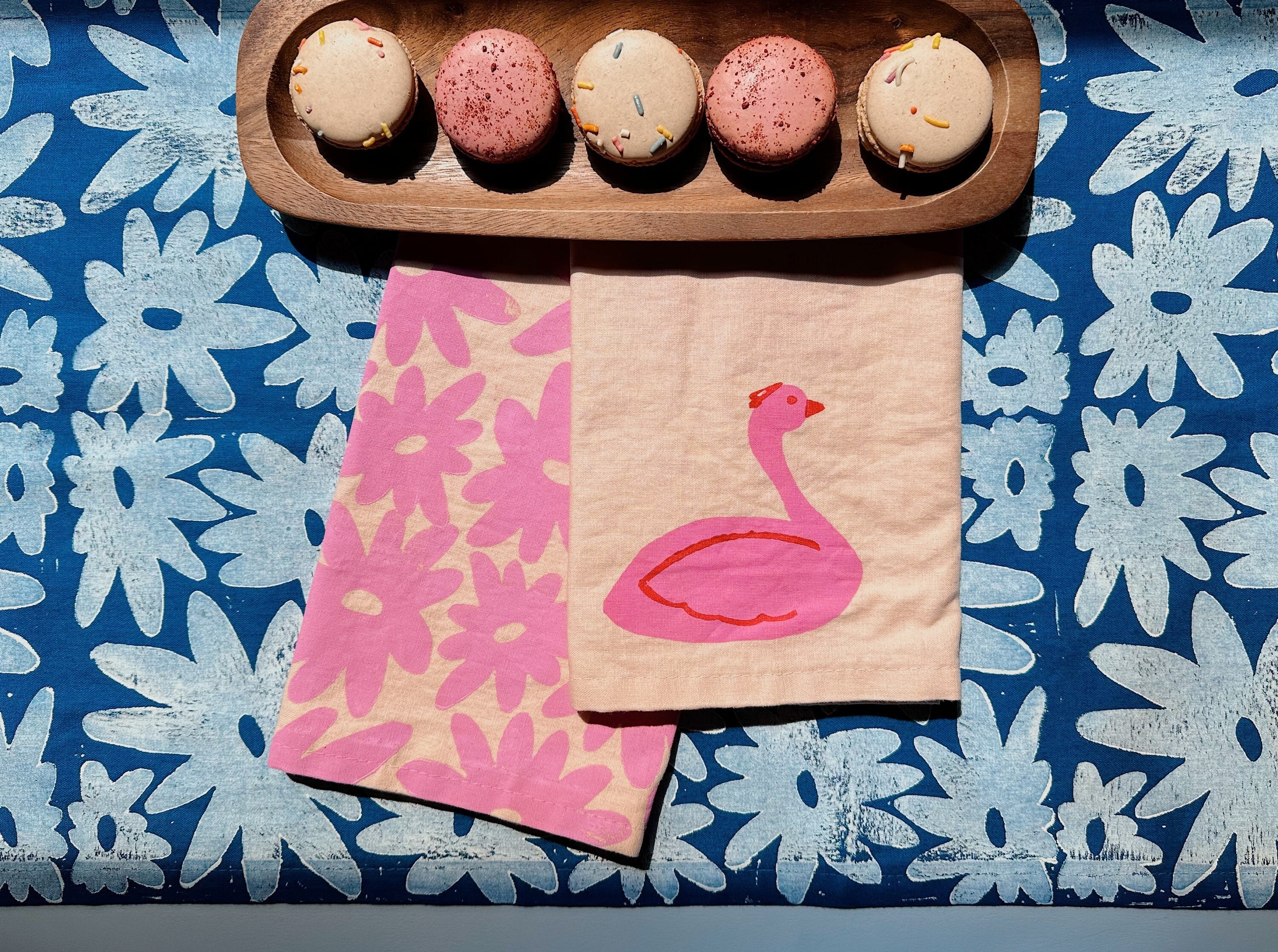 linen dinner napkins. swans on pink. hand block printed. placemats / tea towel. coastal. boho decor. hostess or housewarming gift.