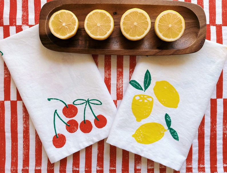 linen dinner napkins. lemons on white. hand block printed. placemats / tea towel. hostess gifting. birthday or dinner party decor. image 1