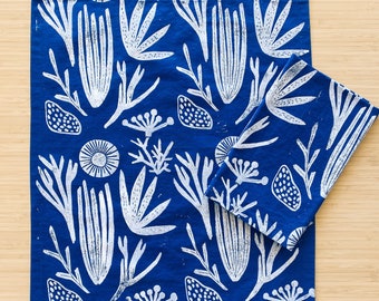 linen dinner napkins. blue sea things. hand block printed. placemats / tea towel. coastal. boho decor. hostess gifting.