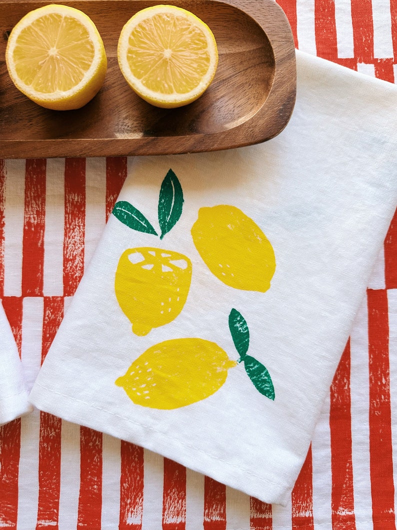 linen dinner napkins. lemons on white. hand block printed. placemats / tea towel. hostess gifting. birthday or dinner party decor. image 2