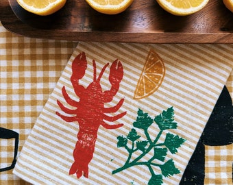 linen dinner napkins. lobster on stripe. hand block printed. placemats / tea towel. hostess gifting. birthday or dinner party decor.