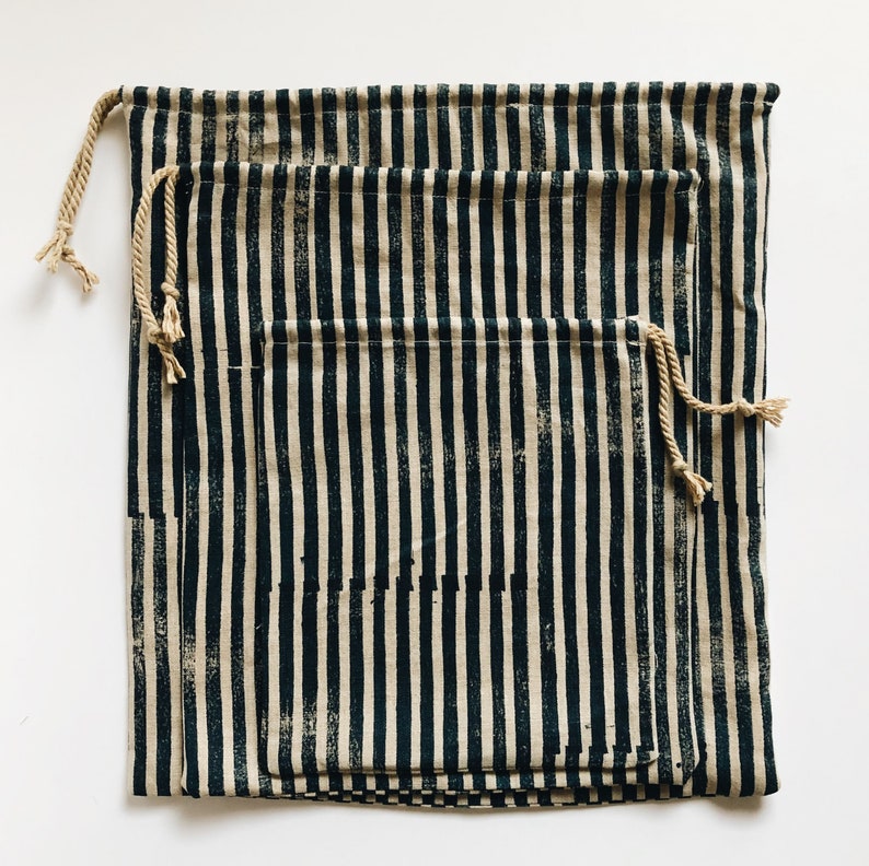 linen tote bag pouch garment bag. zero waste block printed linen drawstring bags organic linen produce bags indigo stripe on oatmeal