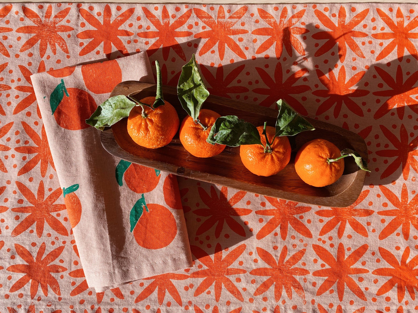 hand block printed table runner. floral dots on blush pink. boho decor. linen tablecloth. preppy beach house. abstract. orange. easter. - 72 inches