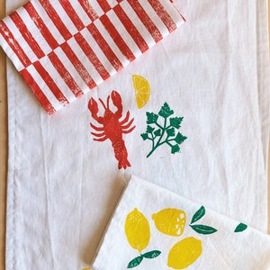 hand block printed table runner. lobster on white. boho decor. linen tablecloth. birthday or dinner party decor. image 2