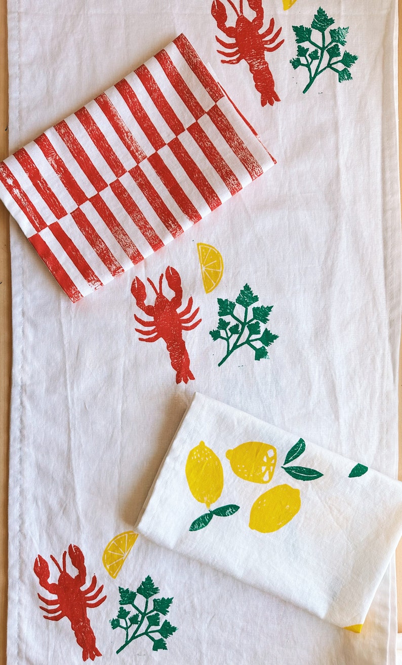 hand block printed table runner. lobster on white. boho decor. linen tablecloth. birthday or dinner party decor. image 2