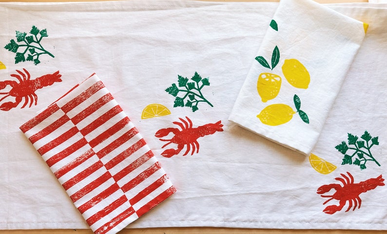 hand block printed table runner. lobster on white. boho decor. linen tablecloth. birthday or dinner party decor. image 3