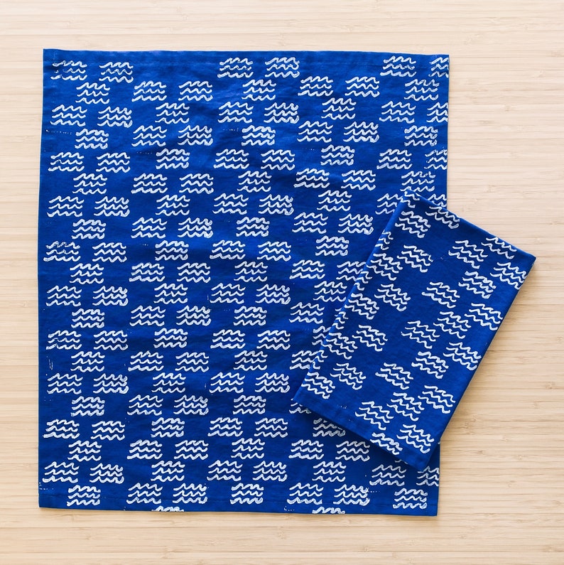 linen dinner napkins. blue mini waves. hand block printed. placemats / tea towel. coastal. boho decor. hostess gifting. image 2