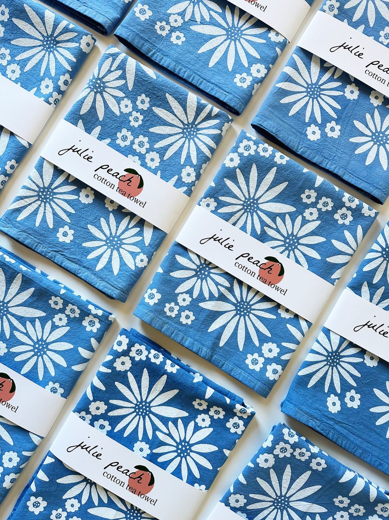 screen printed tea towel. spring flowers on blue. flour sack cotton. ecofriendly. boho home. hostess gift. flowers. mother's day.