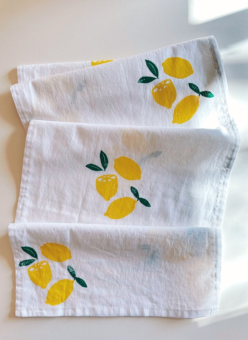 hand block printed table runner. lemon on white. boho decor. linen tablecloth. birthday or dinner party decor. image 1