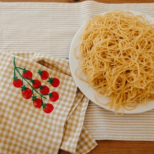 linen dinner napkins. tomatoes on gingham. hand block printed. placemats / tea towel. mustard. italy. boho home. hostess housewarming gift. image 3