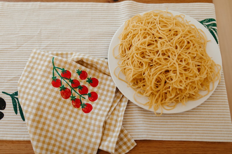 linen dinner napkins. tomatoes on gingham. hand block printed. placemats / tea towel. mustard. italy. boho home. hostess housewarming gift. image 3