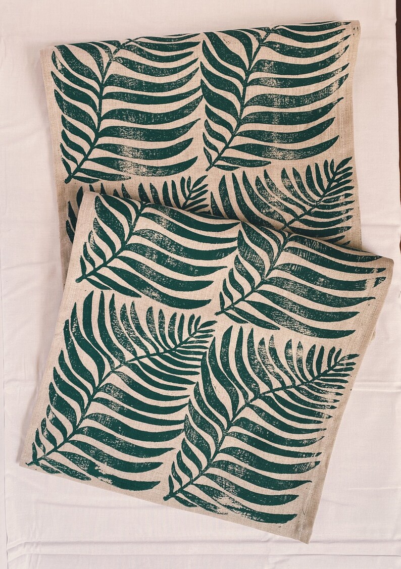 Hand Block Printed Linen Table Runner. Green Palm Fronds on Etsy