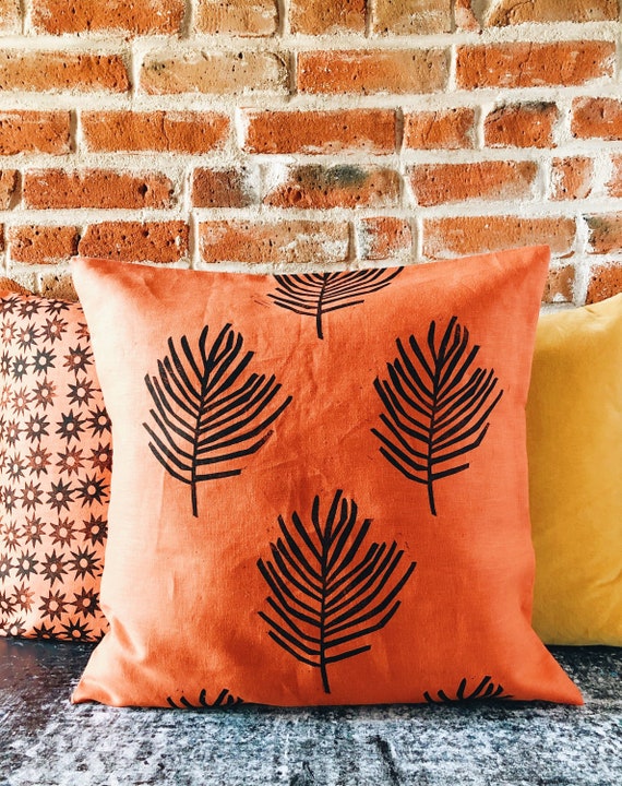 throw pillow. palm leaf on burnt orange Orange LeafLeaves Linen CushionPillow