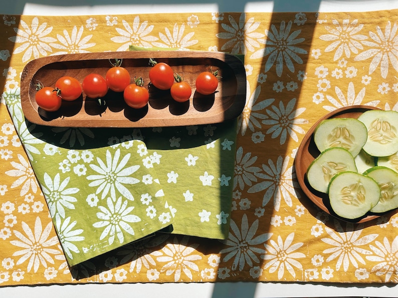 hand block printed table runner. fall floral on mustard yellow. boho decor. linen tablecloth. birthday or dinner party decor.