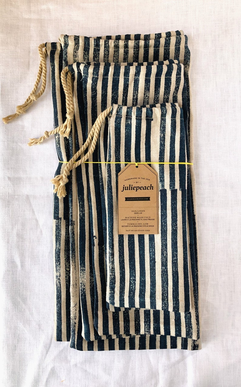 linen tote bag pouch garment bag. zero waste block printed linen drawstring bags organic linen produce bags indigo stripe on oatmeal