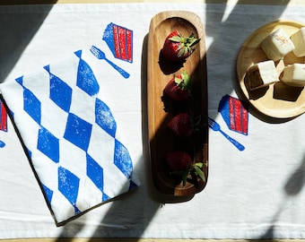 hand block printed table runner. cake on white. boho decor. linen tablecloth. birthday party decor.