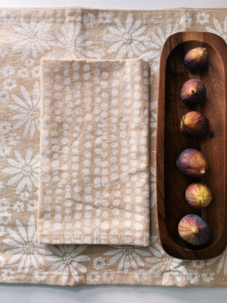 linen dinner napkin set. white pebbles. hand block printed. placemats / tea towel. hostess gift. polka dot. spring easter mother's day gift. image 4