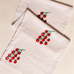 hand block printed table runner. tomatoes. boho decor. linen tablecloth. gardener. hostess and housewarming gift.