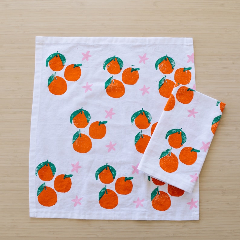 linen dinner napkins. white tangerines. hand block printed. placemats / tea towel. coastal. boho decor. hostess gifting. mother's day. image 3
