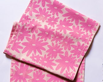 hand block printed table runner. floral splat on blush pink. boho decor. hostess or housewarming gift. retro flowers.