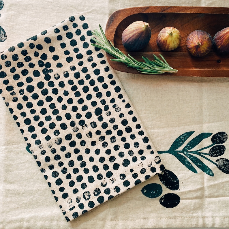 linen dinner napkins. black pebbles on oatmeal. hand block printed / placemats / tea towel. boho. neutral. thanksgiving dinner napkins. image 1