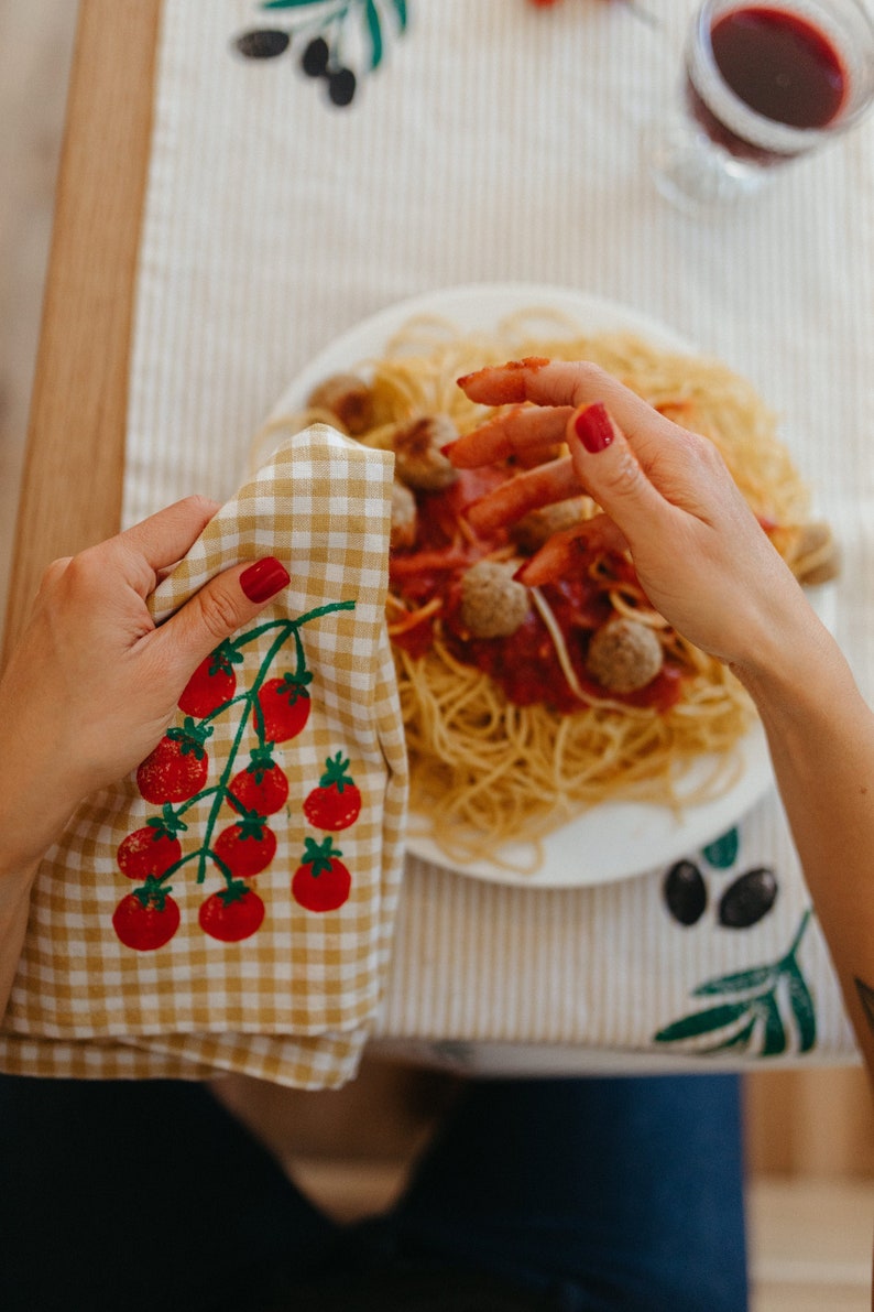 linen dinner napkins. tomatoes on gingham. hand block printed. placemats / tea towel. mustard. italy. boho home. hostess housewarming gift. image 1