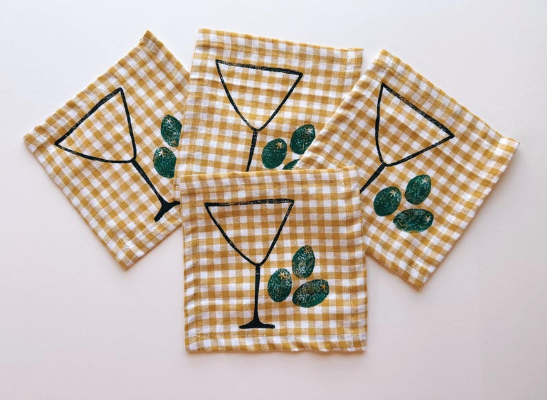 linen cocktail napkins. martini on mustard gingham. hand block printed. boho decor. hostess or housewarming gift. drinks. party decor.