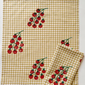 linen dinner napkins. tomatoes on gingham. hand block printed. placemats / tea towel. mustard. italy. boho home. hostess housewarming gift. image 7