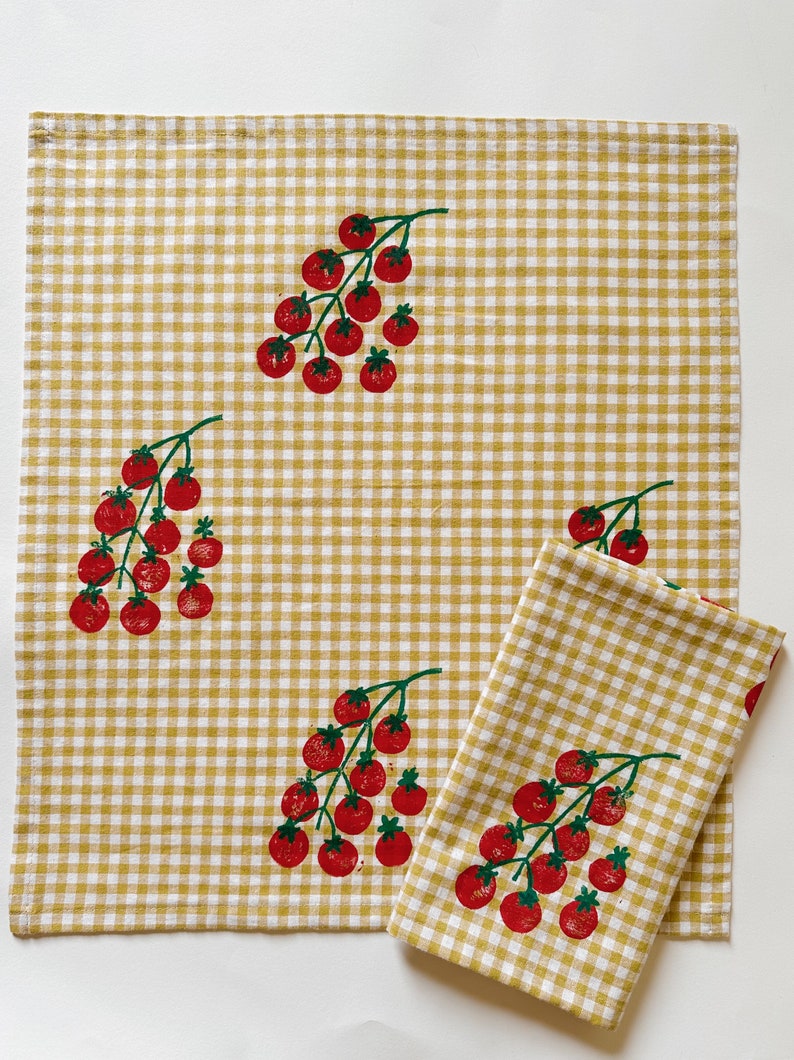 linen dinner napkins. tomatoes on gingham. hand block printed. placemats / tea towel. mustard. italy. boho home. hostess housewarming gift. image 7