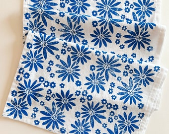 hand block printed table runner. delft floral on white. boho decor. linen tablecloth. birthday or dinner party decor. dutch blue flowers.