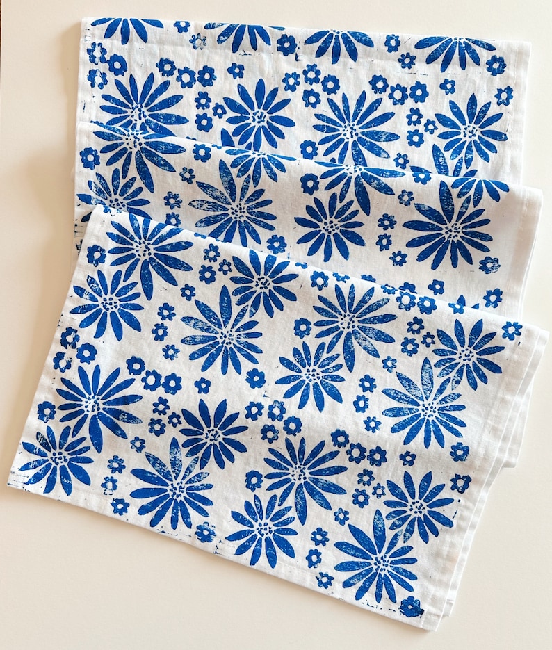 hand block printed table runner. delft floral on white. boho decor. linen tablecloth. birthday or dinner party decor. dutch blue flowers. image 1