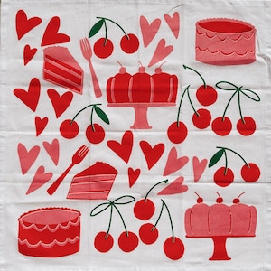screen printed tea towel. cake on white. flour sack cotton kitchen towel. ecofriendly. boho home. gift / hostess /  mom. dessert. easter.