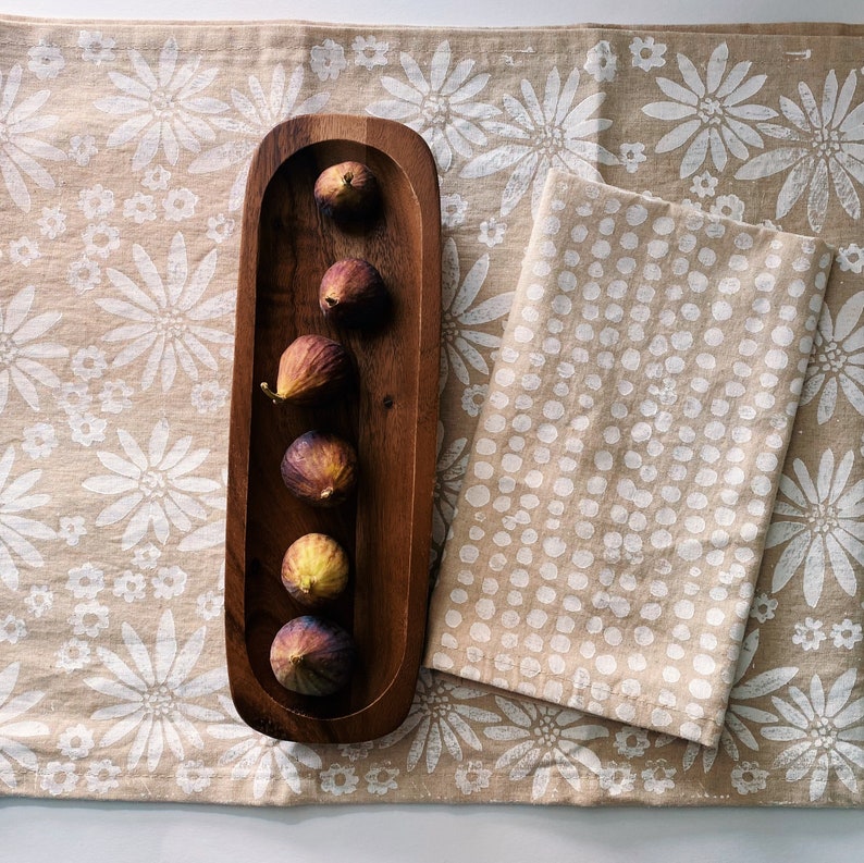 linen dinner napkin set. white pebbles. hand block printed. placemats / tea towel. hostess gift. polka dot. spring easter mother's day gift. image 3