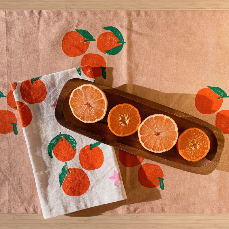 linen dinner napkins. white tangerines. hand block printed. placemats / tea towel. coastal. boho decor. hostess gifting. mother's day. image 4