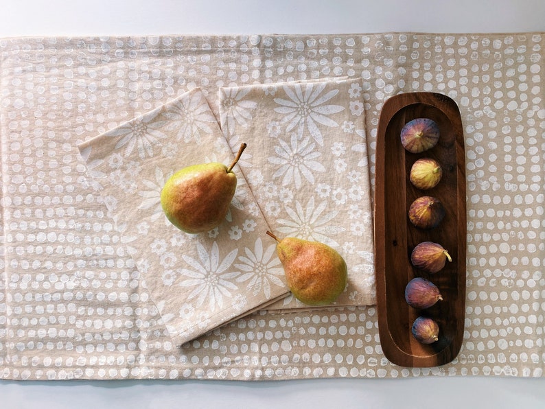 white pebbles. hand block printed linen table runner. hostess gift. tablecloth. organic. fall / thanksgiving. holiday / christmas. 72 96 120 image 2