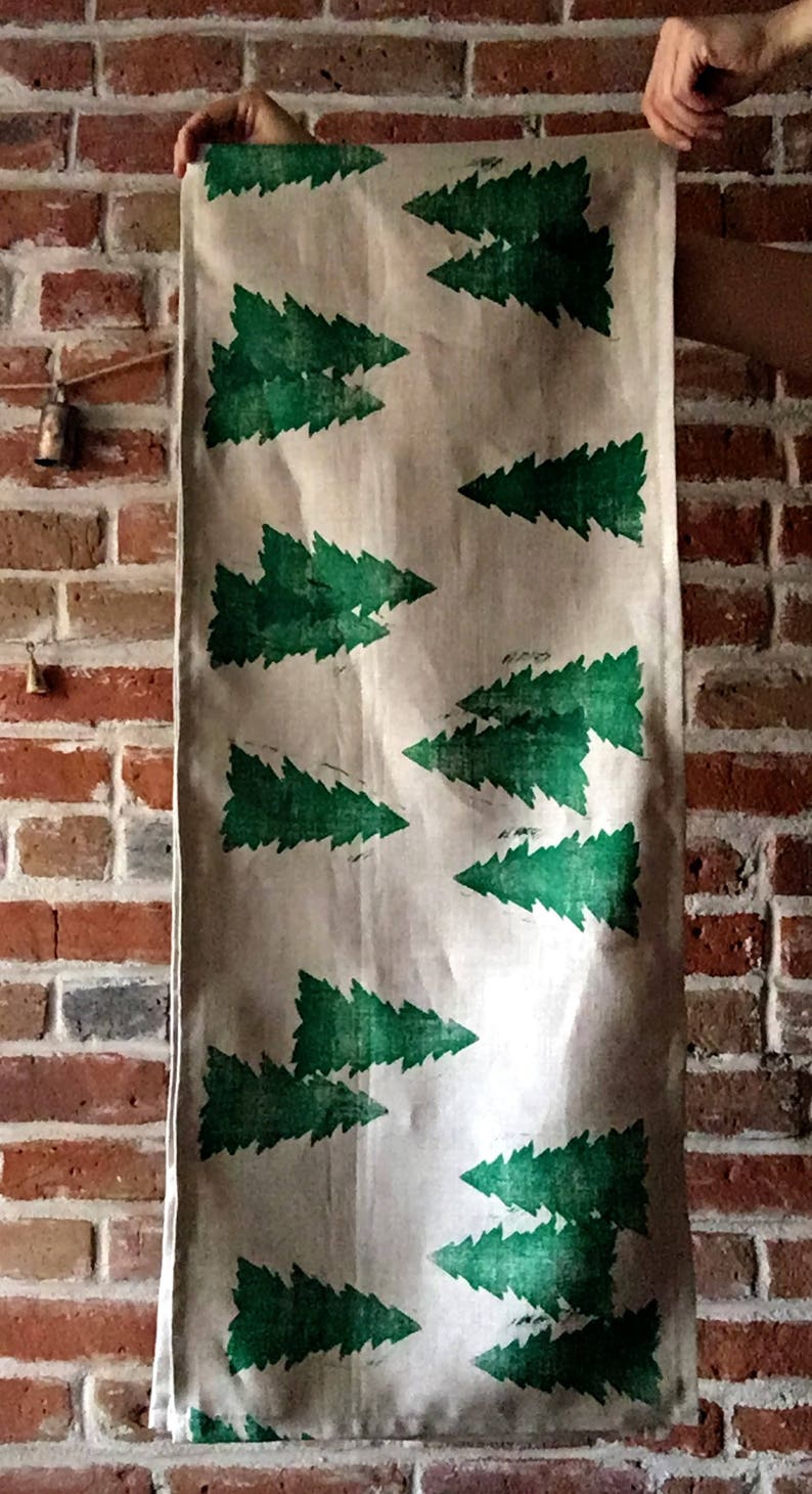 hand block printed linen table runner. forest trees. christmas holiday party. boho decor. hostess. tablecloth. mountain home. 72 96 120 image 3