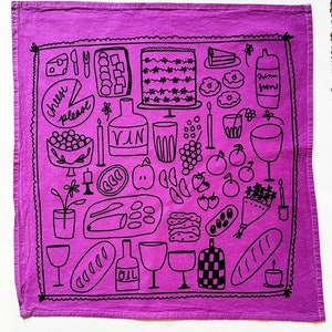 screen printed tea towel. picnic on purple. flour sack cotton kitchen towel. ecofriendly. boho. hostess or housewarming gift. illustrated. image 3