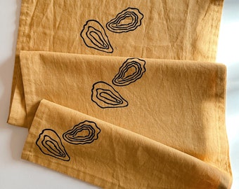 hand block printed table runner. oysters on mustard. boho decor. linen tablecloth. birthday or dinner party decor.