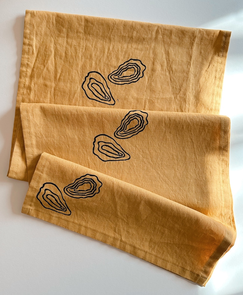 hand block printed table runner. oysters on mustard. boho decor. linen tablecloth. birthday or dinner party decor. image 1