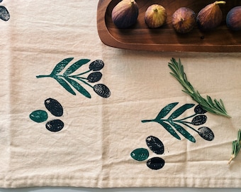 hand block printed linen table runner. olive toss. organic eco-friendly. boho decor. tablecloth. modern. thanksgiving / fall