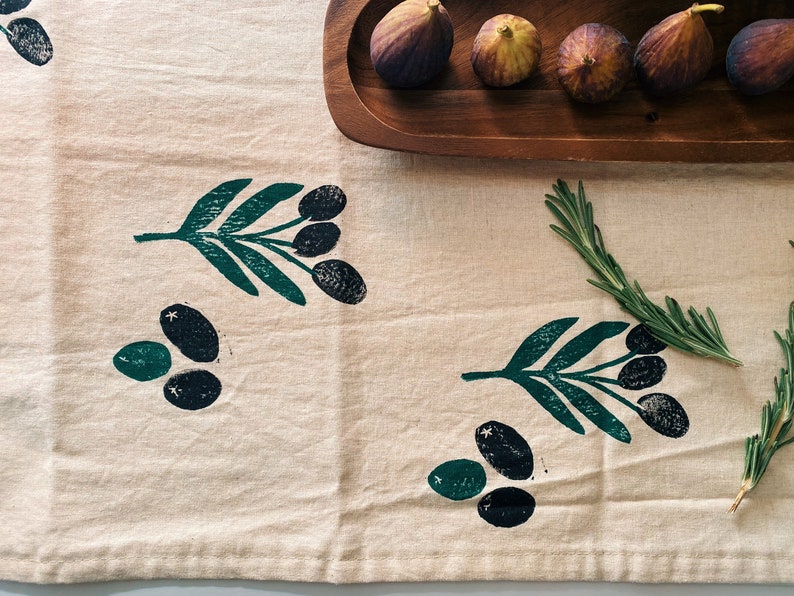 hand block printed linen table runner. olive toss. organic eco-friendly. boho decor. tablecloth. modern. thanksgiving / fall image 1