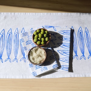 hand block printed table runner. sardines on white. boho decor. beach house. coastal. linen tablecloth. ocean. shore. fish. nautical.