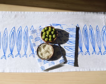 hand block printed table runner. sardines on white. boho decor. beach house. coastal. linen tablecloth. ocean. shore. fish. nautical.