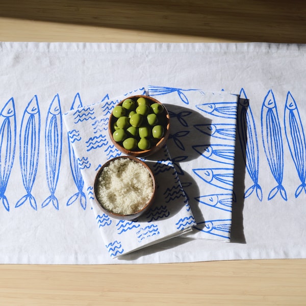 hand block printed table runner. sardines on white. boho decor. beach house. coastal. linen tablecloth. ocean. shore. fish. nautical.